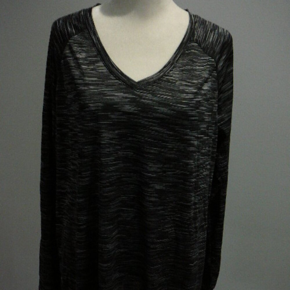 RBX Performance Long Sleeve V-Neck Black Gray & White Striped Top-Size-1X Plus